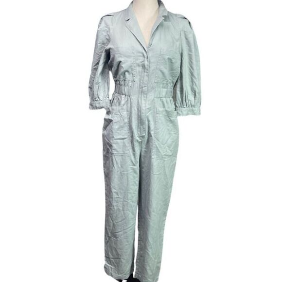 PUFF SLEEVE UTILITY JUMPSUIT LIGHT TEAL SEAFOAM GREEN WOMENS XS - Picture 2 of 5